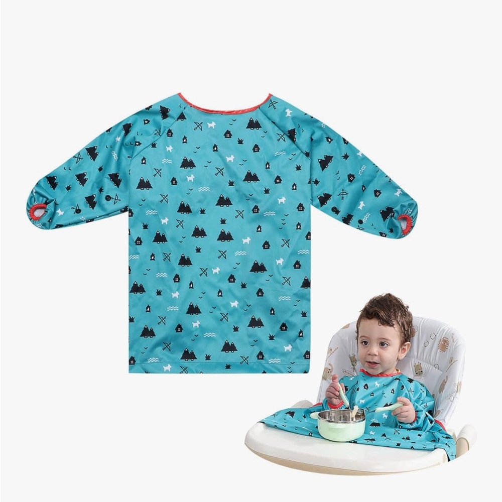 Blue Nature Patterned Kids Long Sleeve Bib